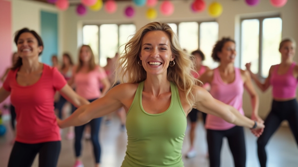 Group of adults enjoying Zumba dance class with instructor