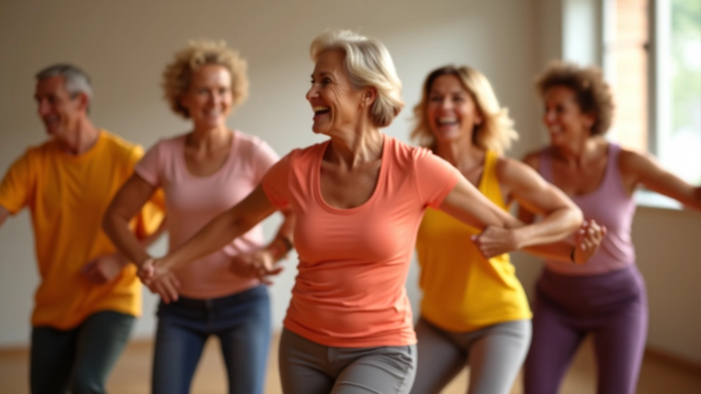 Diverse group of mature adults dancing together in a bright studio, showing joy and camaraderie