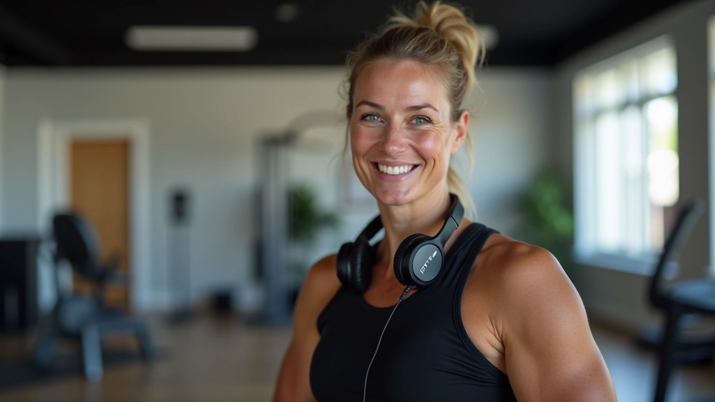 Fitness instructor with headphones around neck, smiling in front of professional sound system in studio