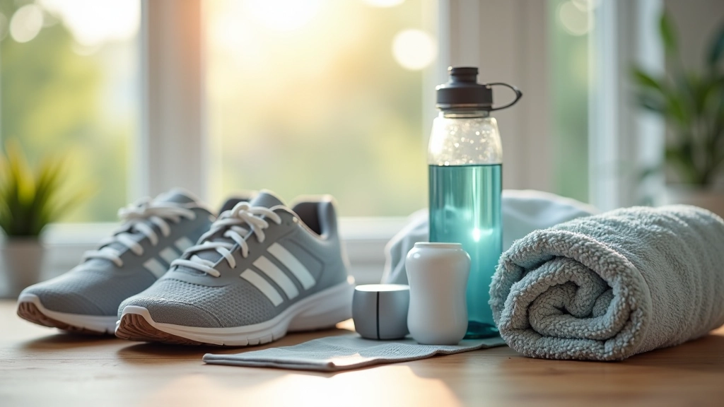 Laid out collection of fitness essentials including athletic shoes, water bottle, and workout clothes
