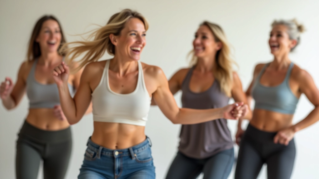 Group of adults aged 45-65 dancing together in a Zumba fitness class, smiling and moving with energy